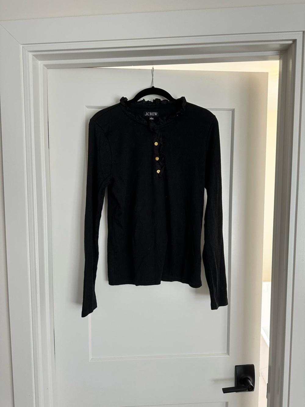 J. Crew Black Ruffle Trim Henley with Gold Buttons